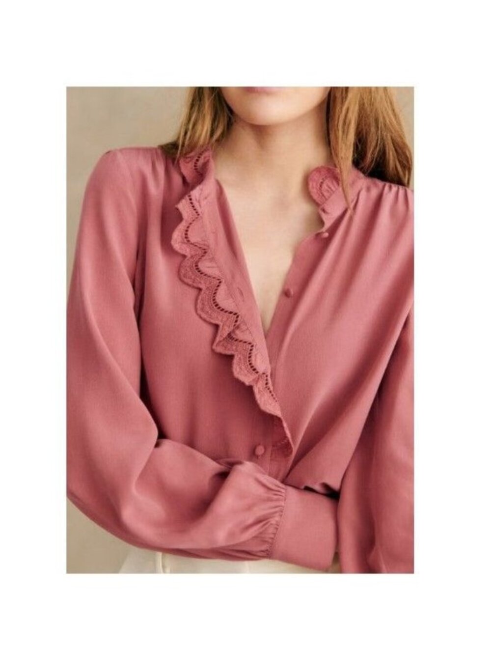 Sezane Chlo Shirt Embroidered 100% Silk in Rosewood Size 40 = US 8